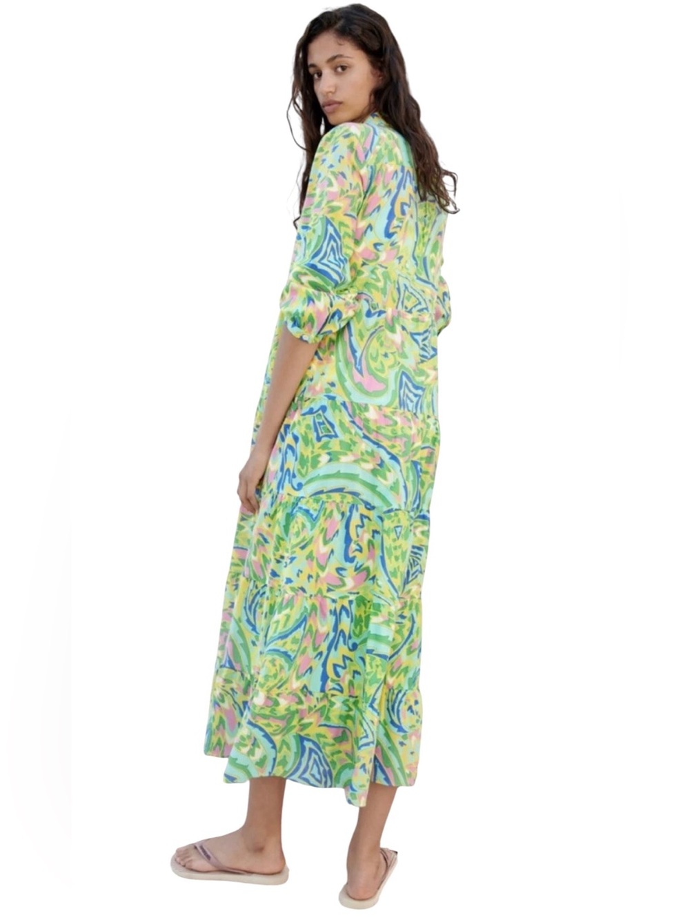 ZARA 100% cotton AOP Colorful Button Up Midi Dress size medium - Picture 2 of 10